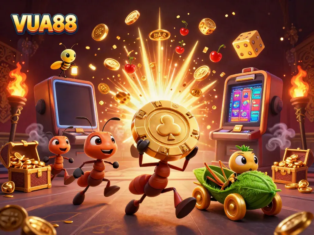 Experience the thrill of VUA88 as a team of cartoon ants heist over golden chips in a vibrant casino backdrop.