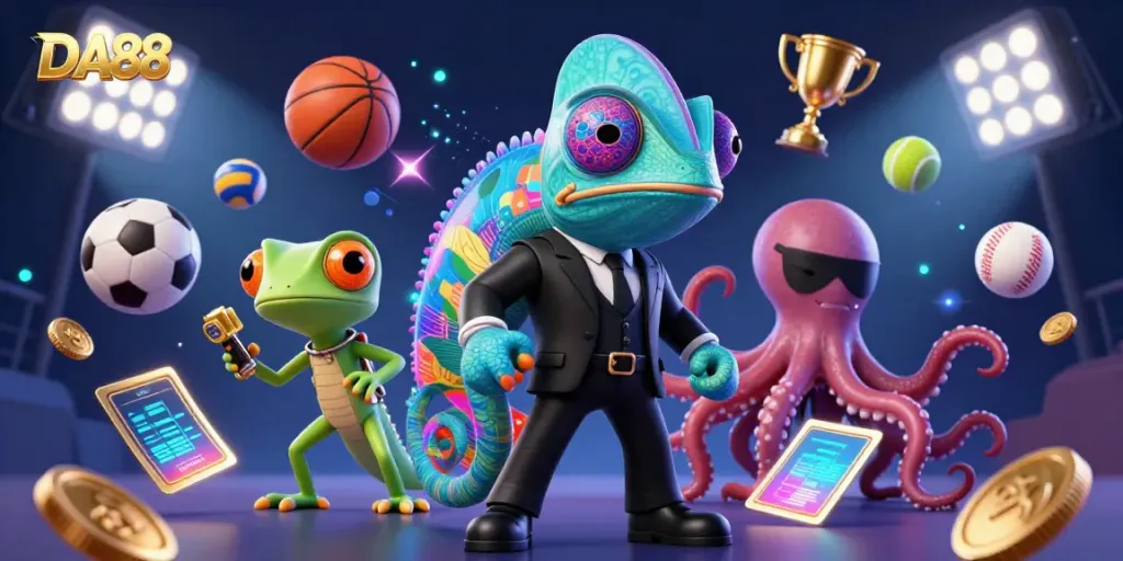 Experience engaging sports betting excitement with DA88’s vibrant 3D illustration featuring dynamic characters and elements.