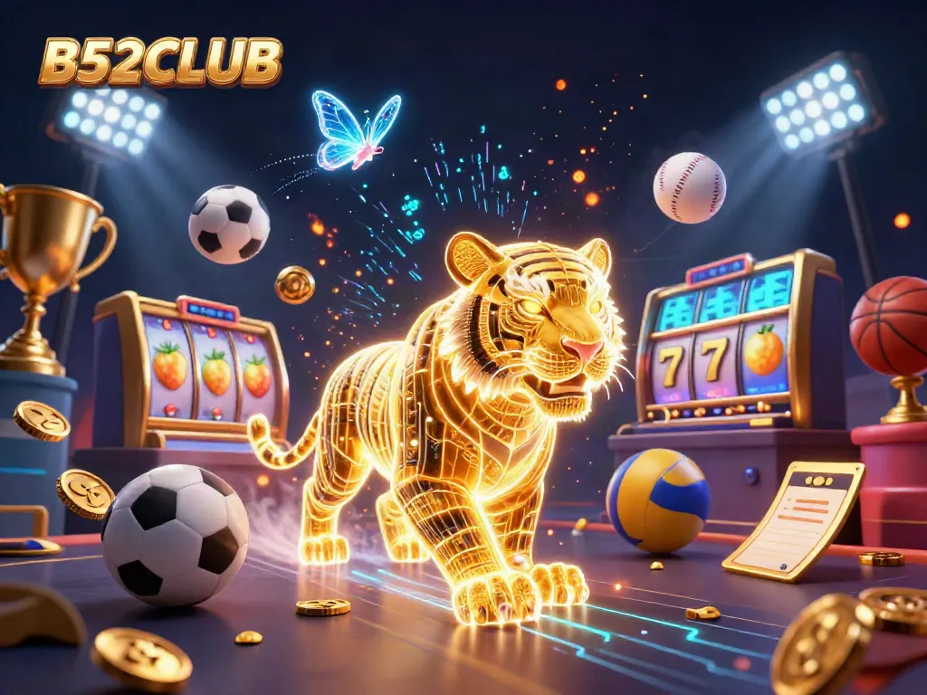 B52CLUB presents a vibrant digital casino scene with a golden tiger and slot reels surrounded by dynamic sports elements.