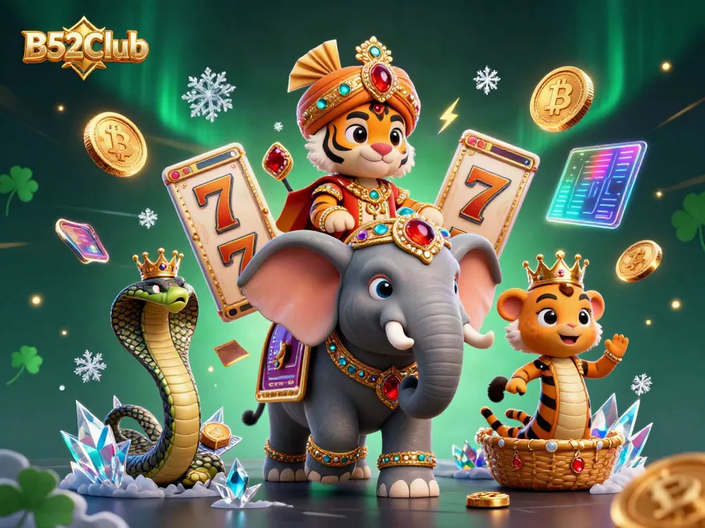 Experience the excitement of B52Club with a vibrant 3D scene showcasing a royal tiger and elephant amid casino elements.