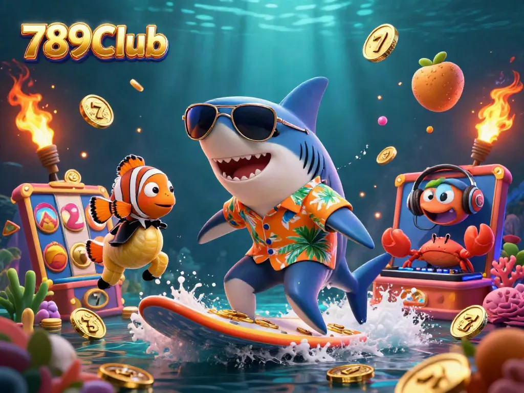 Play exciting games at 789Club with a vibrant underwater scene featuring a shark surrounded by gold coins.