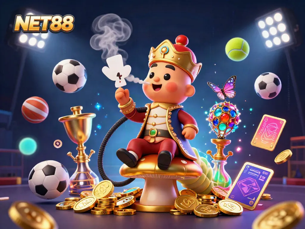 Experience dynamic gaming adventures at NET88 with an illustration showcasing a whimsical sultan caterpillar and vibrant gambling elements.